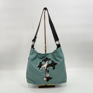 Two Bar West Genuine Leather Shoulder Bag Teal with Hair-On Hide Cross Accent